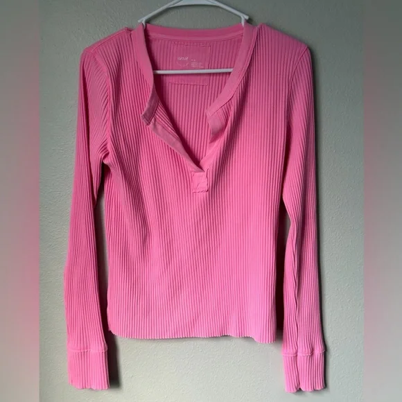 Aerie Vibrant Pink Ribbed Long Sleeve Tee - Picture 2 of 6